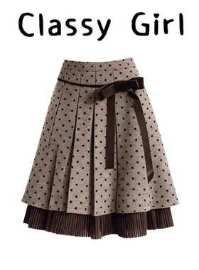 Classy girl 波点半裙秋冬毛呢丝绒蝴蝶结A字中裙古早叠穿半身裙