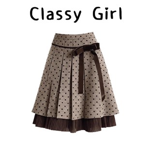 Classy 波点半裙秋冬毛呢丝绒蝴蝶结A字中裙古早叠穿半身裙 girl