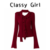 喇叭袖 线上 上衣 女秋季 时尚 专供 气质复古辣妹风荷叶边飘带针织衫