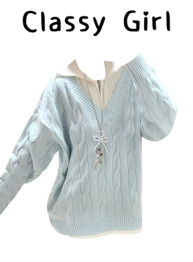 蓝色假两件翻领麻花毛衣女秋冬宽松慵懒风加厚时尚外穿针织衫上衣