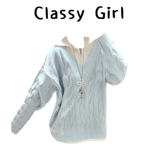 蓝色假两件翻领麻花毛衣女秋冬宽松慵懒风加厚时尚 上衣 外穿针织衫