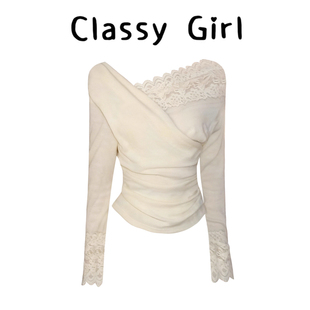 设计感交叉V领蕾丝拼接斜肩上衣女秋冬修身 上衣 收腰气质百搭长袖
