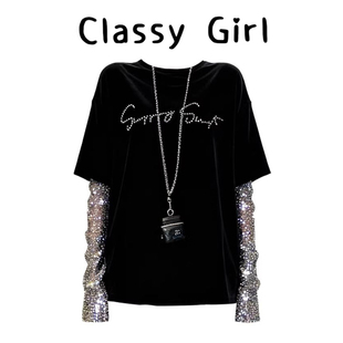 高级ins风韩国绒正反可穿网钻气质假两件长袖女2026早春巨闪上衣