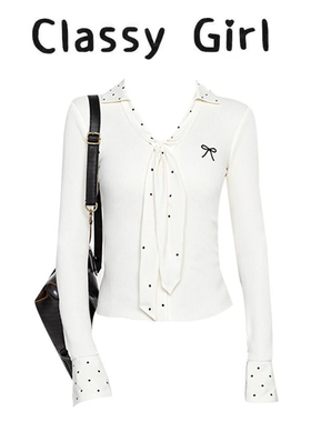 白色v领波点假两件正肩长袖t恤2025新款洋气女装polo领修身上衣