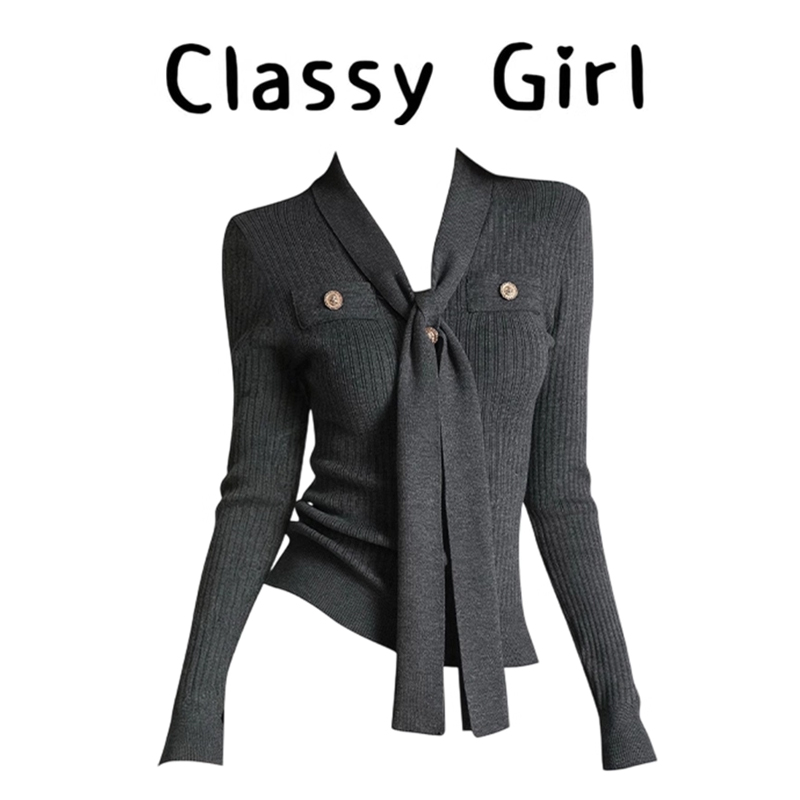 秋冬设计感v领收腰内搭上衣毛衣