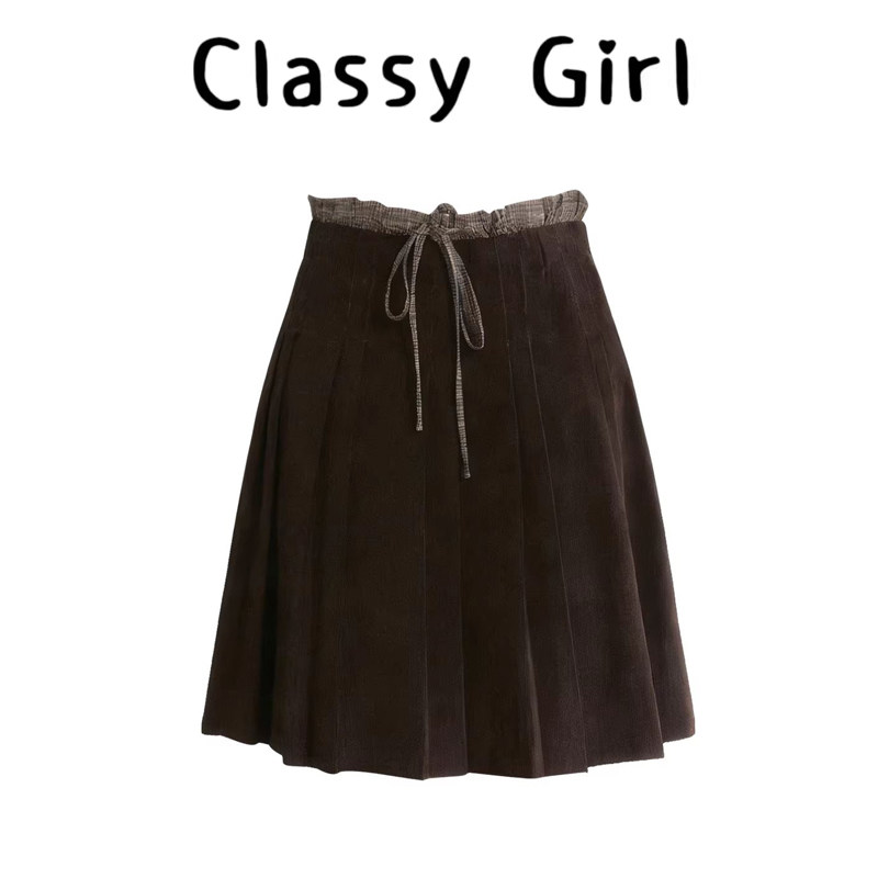 美拉德复古咖色灯芯绒半身裙女春夏中裙撞色双腰头高腰a字百褶裙