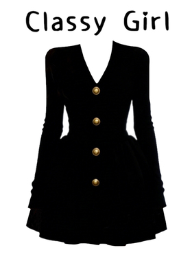 大码胖MM千金风黑色V领连衣裙女冬季长袖收腰A字裙通勤显瘦短裙子