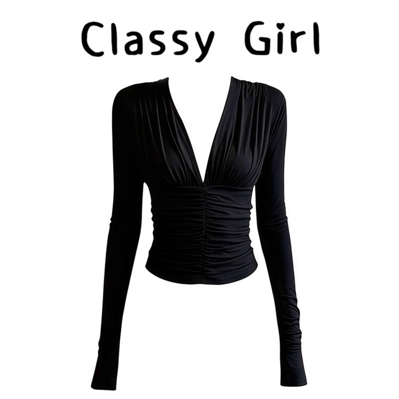 秋冬短款性感艺术系V领修身上衣