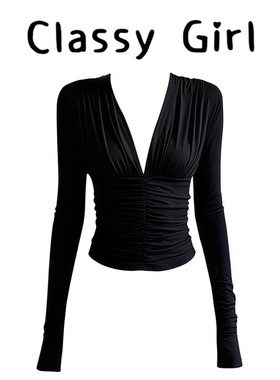 Classy girl 莱赛尔黑色性感艺术系褶皱收腰针织深V领修身长袖