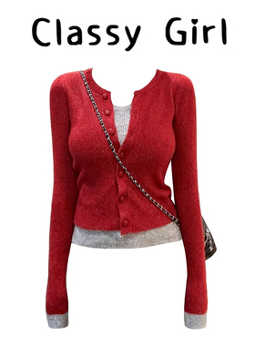 时髦洋气撞色针织开衫打底毛衣女秋冬百搭显瘦红色气质假两件上衣