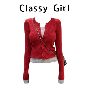 时髦洋气撞色针织开衫打底毛衣女秋冬百搭显瘦红色气质假两件上衣