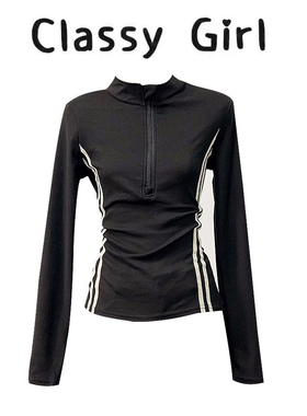 轻熟小众不撞款上衣秋冬新款加厚立领半拉链收腰拼接织带修身T恤