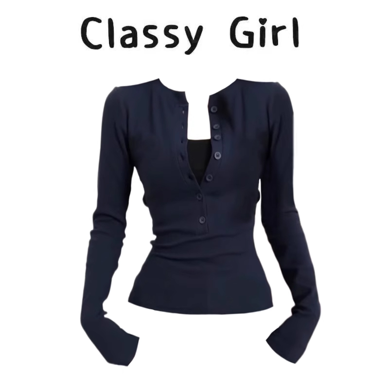 美式纽扣排扣紧身长袖T恤