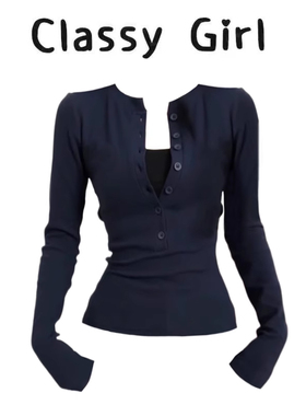 美式纽扣排扣紧身长袖T恤2025年秋冬修身薄款打底衫女辣妹百搭款