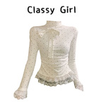 白色波点蝴蝶结打底衫女修身半高领蕾丝T恤韩系早秋穿搭上衣好看