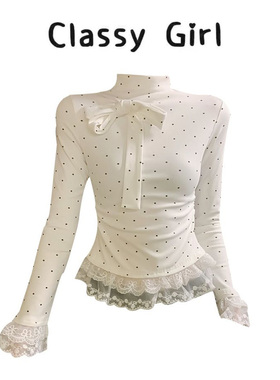 白色波点蝴蝶结打底衫女修身半高领蕾丝T恤韩系早秋穿搭上衣好看