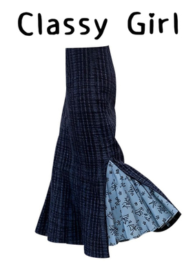 冬天配大衣的裙子重要场合漂亮高腰气质蓝色印花拼接鱼尾半身裙女