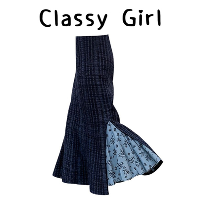 秋冬高腰气质印花拼接鱼尾半身裙