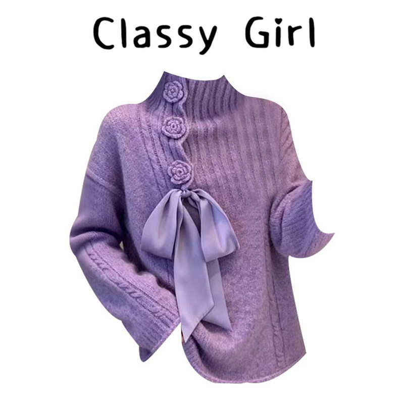 蝴蝶结紫色高领毛衣女秋冬季大码胖mm慵懒独特休闲好看针织衫上衣,女装/女士精品,大码内搭,淘宝优惠券,粉丝福利购,淘宝优惠卷