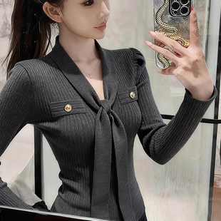 灰色针织衫 内搭高端减龄气质掐腰巨好看独特漂亮领结上衣 女秋冬季
