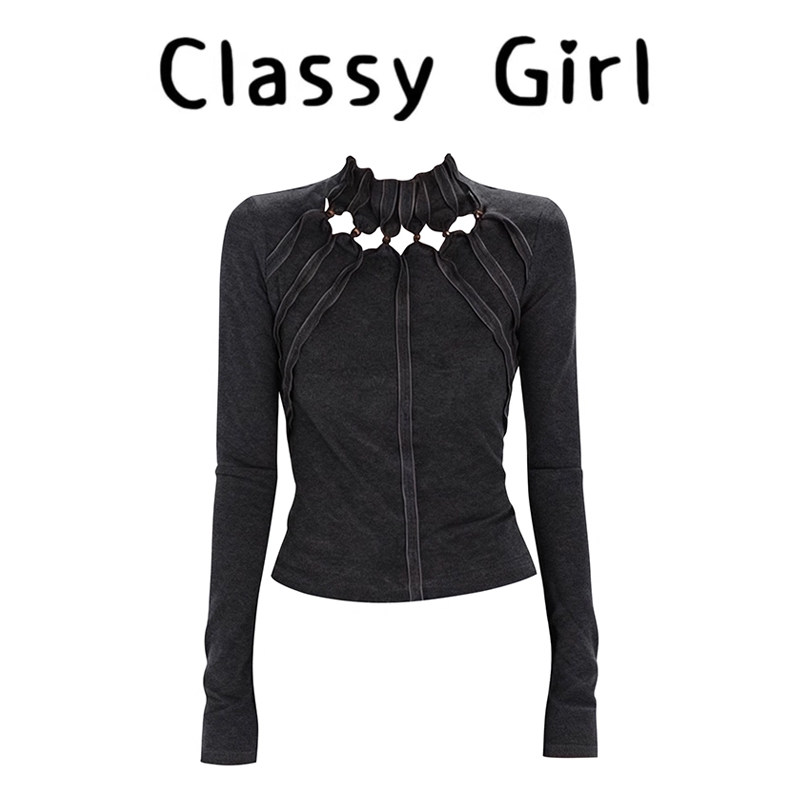 秋冬美式复古辣妹镂空修身上衣