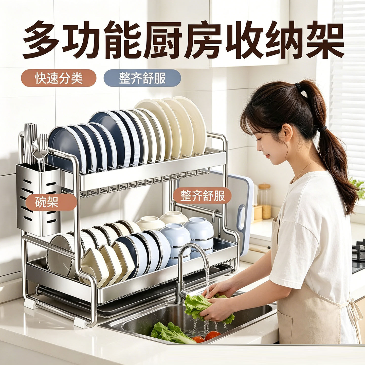 碗碟收纳架厨房置物架多功能家用晾碗盘沥水架台面放碗盘架筷子盒