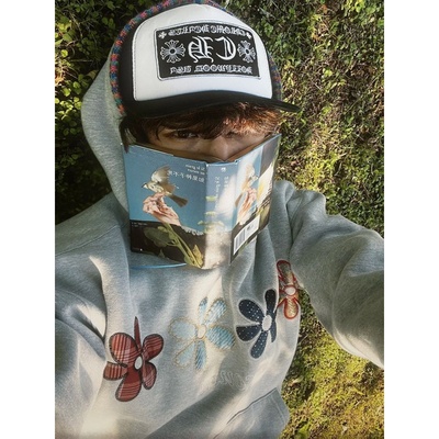 美式重磅刺绣花朵帽檐连帽卫衣