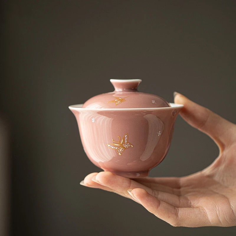苍烟红烫金粉色两才盖碗蝶恋花烫金泡茶碗茶杯小壶承家用功夫茶具
