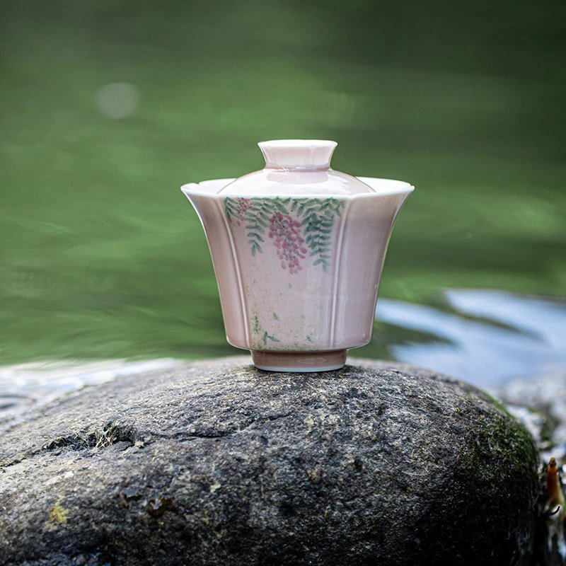 苍烟红陶瓷粉色系茶室手绘单盖碗