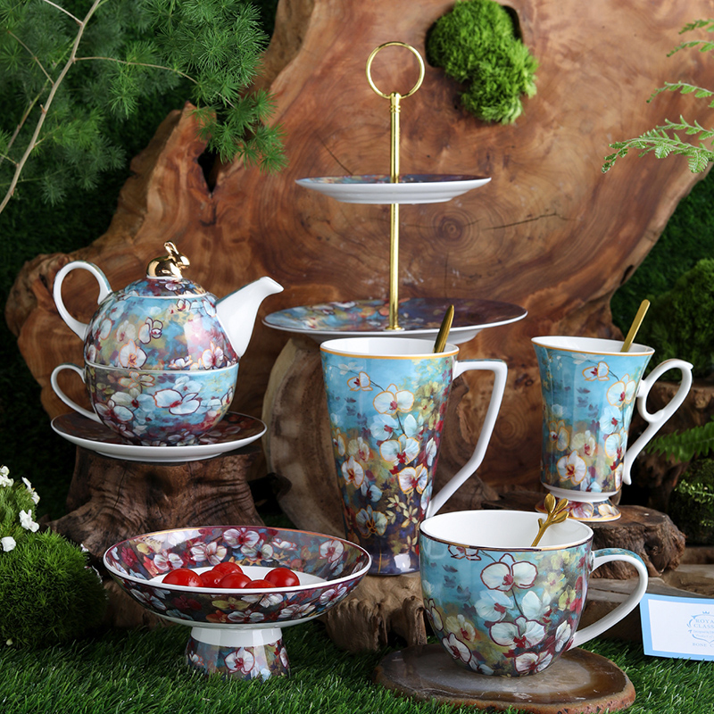 蝴蝶兰轻奢中欧骨瓷咖啡杯碟高档精致马克杯早餐牛奶杯茶具礼品