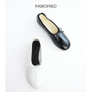 女平底奶奶鞋 亮面弹力带简约单鞋 慵懒复古蝴蝶结真皮芭蕾舞鞋 法式