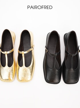 row复古真皮黑色方头T字带玛丽珍鞋女学院风穿搭小皮鞋平底单鞋女