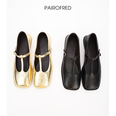 row复古真皮黑色方头T字带玛丽珍鞋女学院风穿搭小皮鞋平底单鞋女