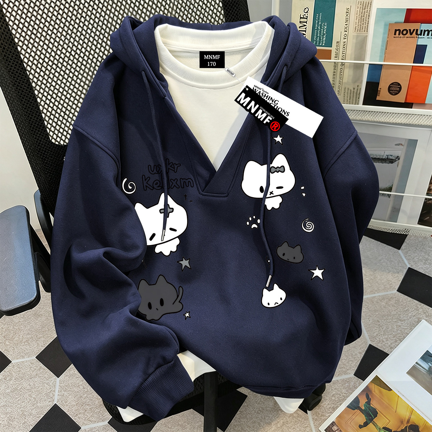卡通猫咪印花男女童假两件连帽卫衣中大童春秋冬加厚宽松外套上衣