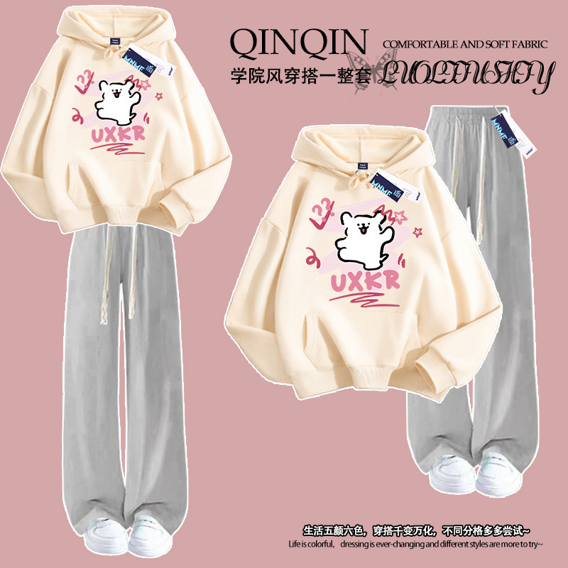 线条小狗女童连帽卫衣长裤套装