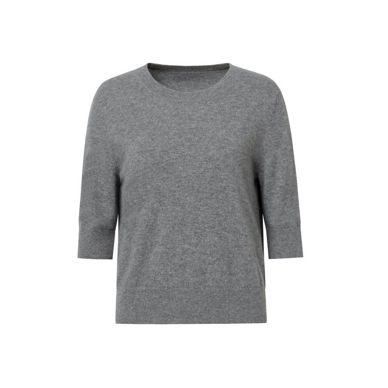 MISS BUCCI秋冬灰色气质简约圆领套头半袖山羊绒针织衫女毛衣上衣