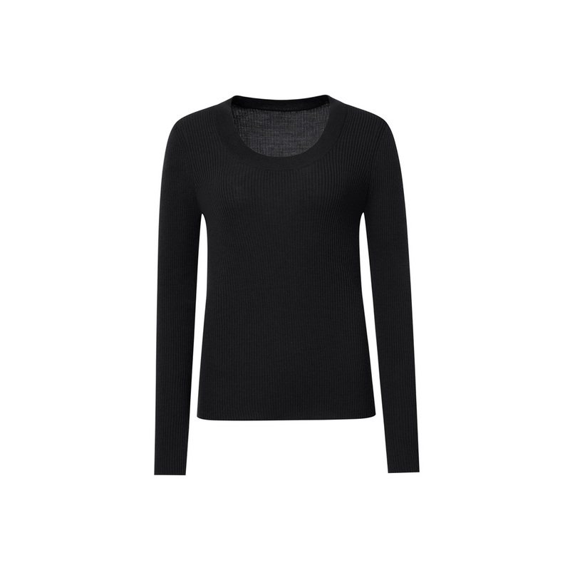 MISS BUCCI女士长袖弹力修身U领套头绵羊毛针织衫内搭可外穿毛衣