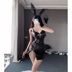 情趣内衣女 性感深V低胸绑带漆皮开叉紧身包臀裙激情诱人制服套装