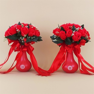 红鸾结婚陶瓷女方陪嫁喜庆红色花瓶摆件一对带花婚庆用品客厅玄关