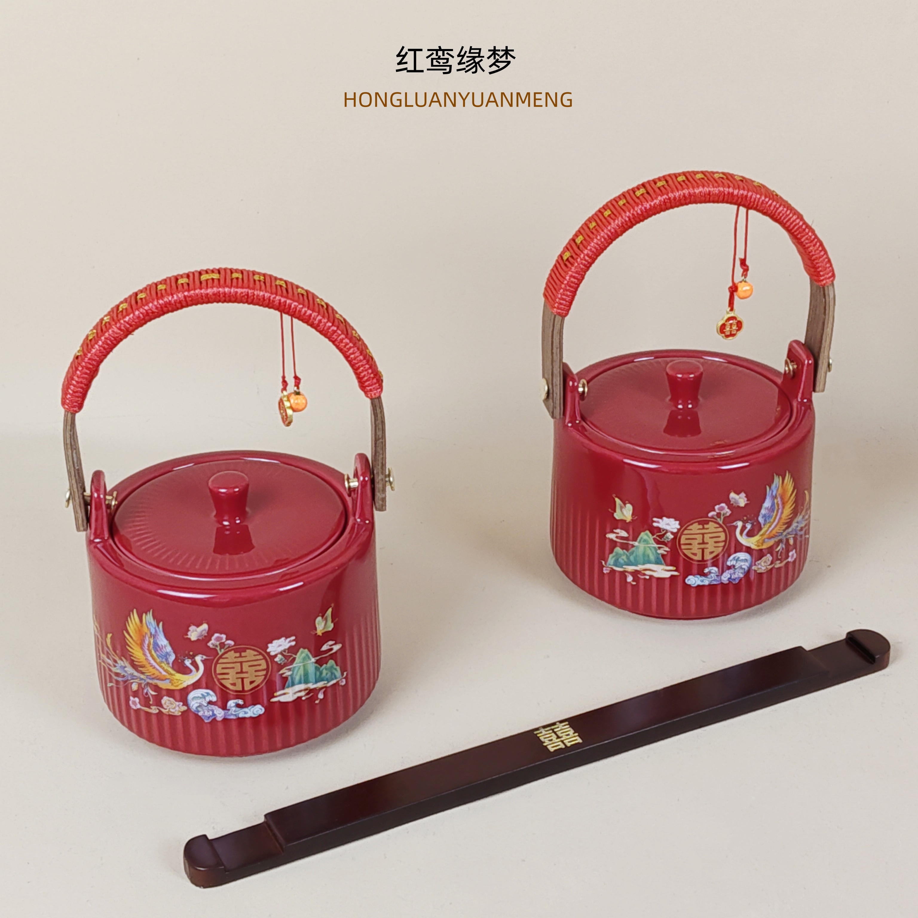 红鸾比翼双飞子孙桶结婚娘家陪嫁嫁妆宝桶摆件一对红色喜桶彩盒装
