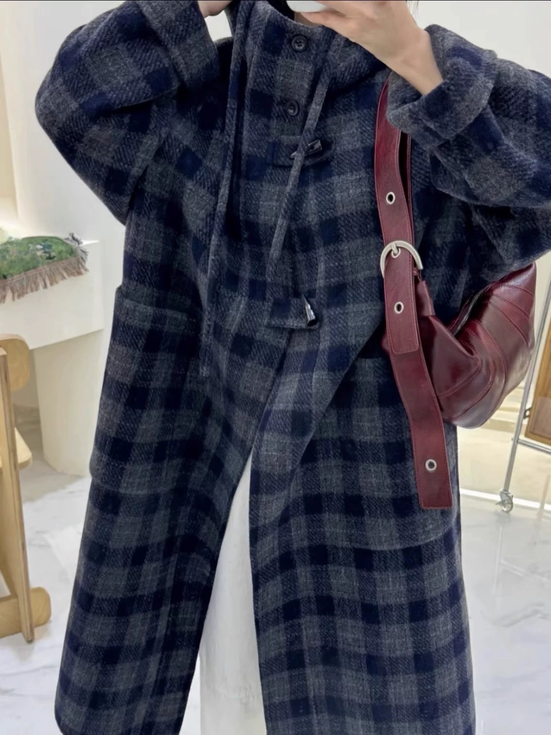 2025秋冬新款双面羊绒大衣女中长款韩版宽松显瘦格子羊毛呢外套