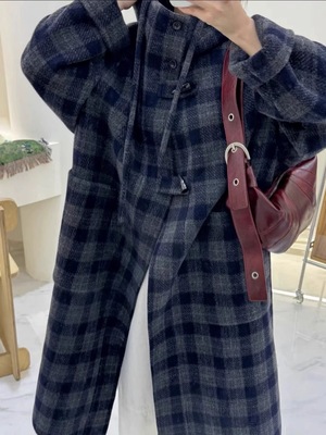 2025秋冬新款双面羊绒大衣女中长款韩版宽松显瘦格子羊毛呢外套