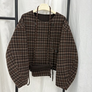 2025秋冬新款双面羊绒大衣短款复古格子包包洋气宽松显瘦羊毛外套