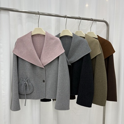 韩版双面羊绒大衣短款女25秋冬新款时髦大翻领宽松小个子羊毛外套