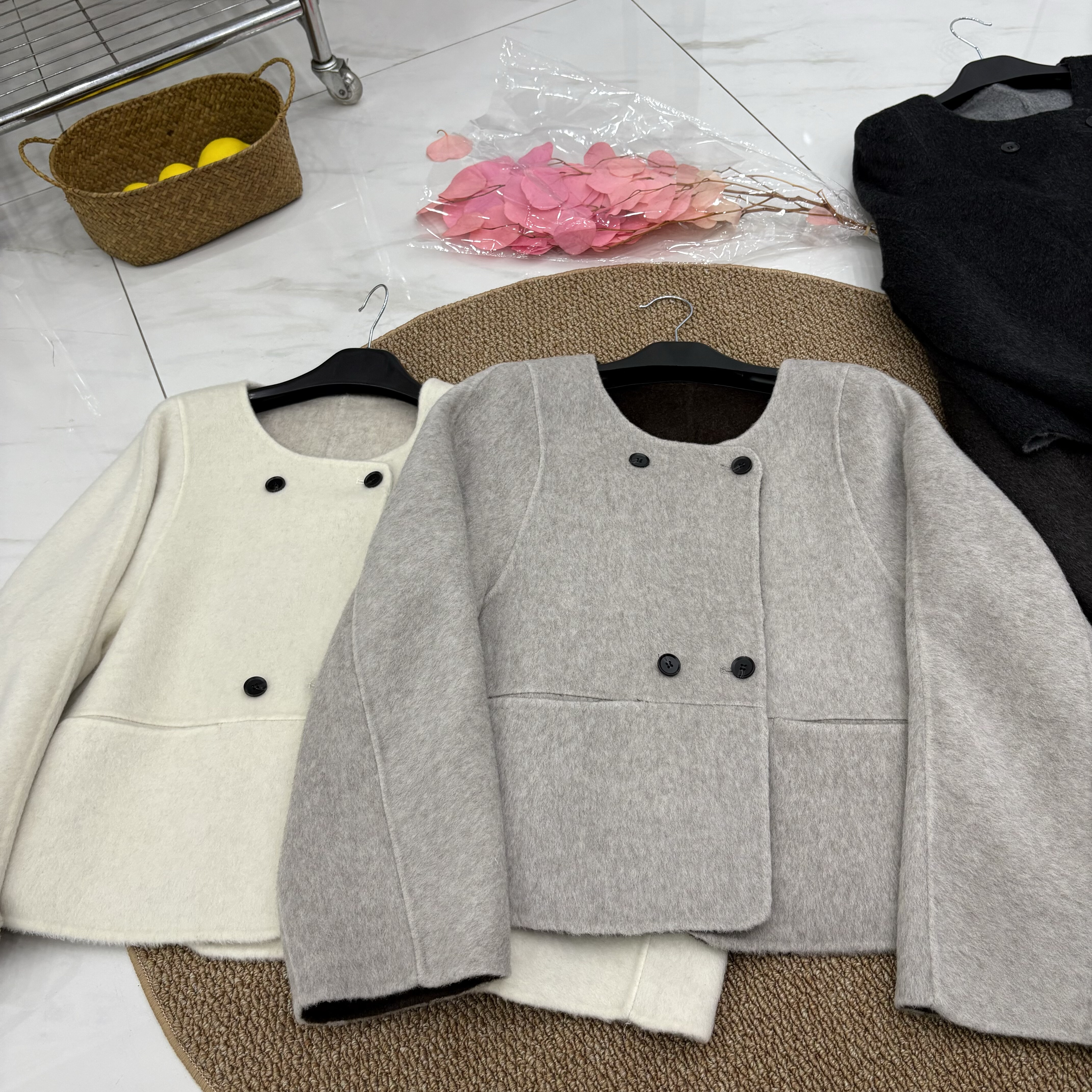 韩版双面羊绒大衣短款女25秋冬新款圆领宽松显瘦小个子羊毛外套