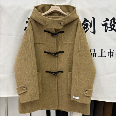 韩系橘黄色人字纹牛角扣连帽双面羊绒女2025秋冬新款中长款羊毛大