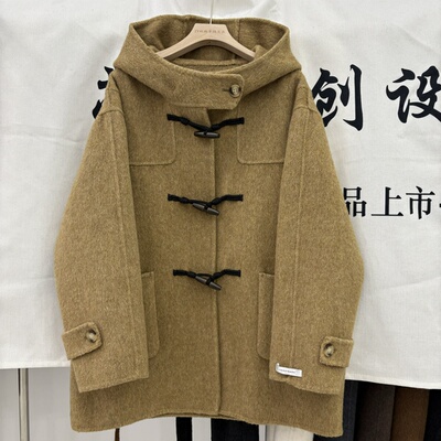 韩系橘黄色人字纹牛角扣连帽双面羊绒女2025秋冬新款中长款羊毛大