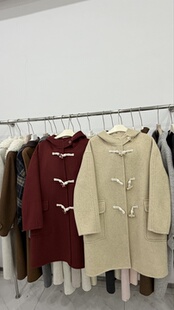 2026秋冬新款牛角扣双面羊毛大衣女中长款连帽宽松显瘦羊毛外套