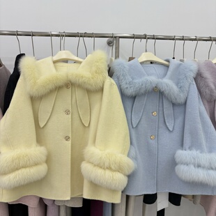 韩版双面羊绒大衣中长款女25秋冬新款狐狸毛领宽松显瘦小个子羊毛