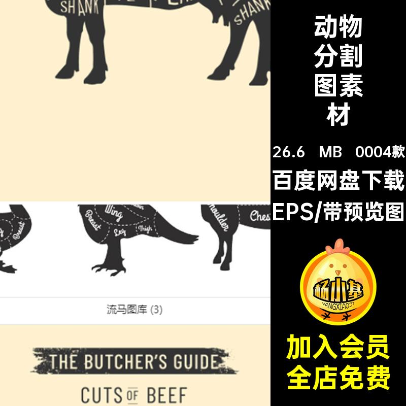 鸡鸭禽畜区域分割插画图猪兔子肉类EPS山羊动物分割图素材0004款